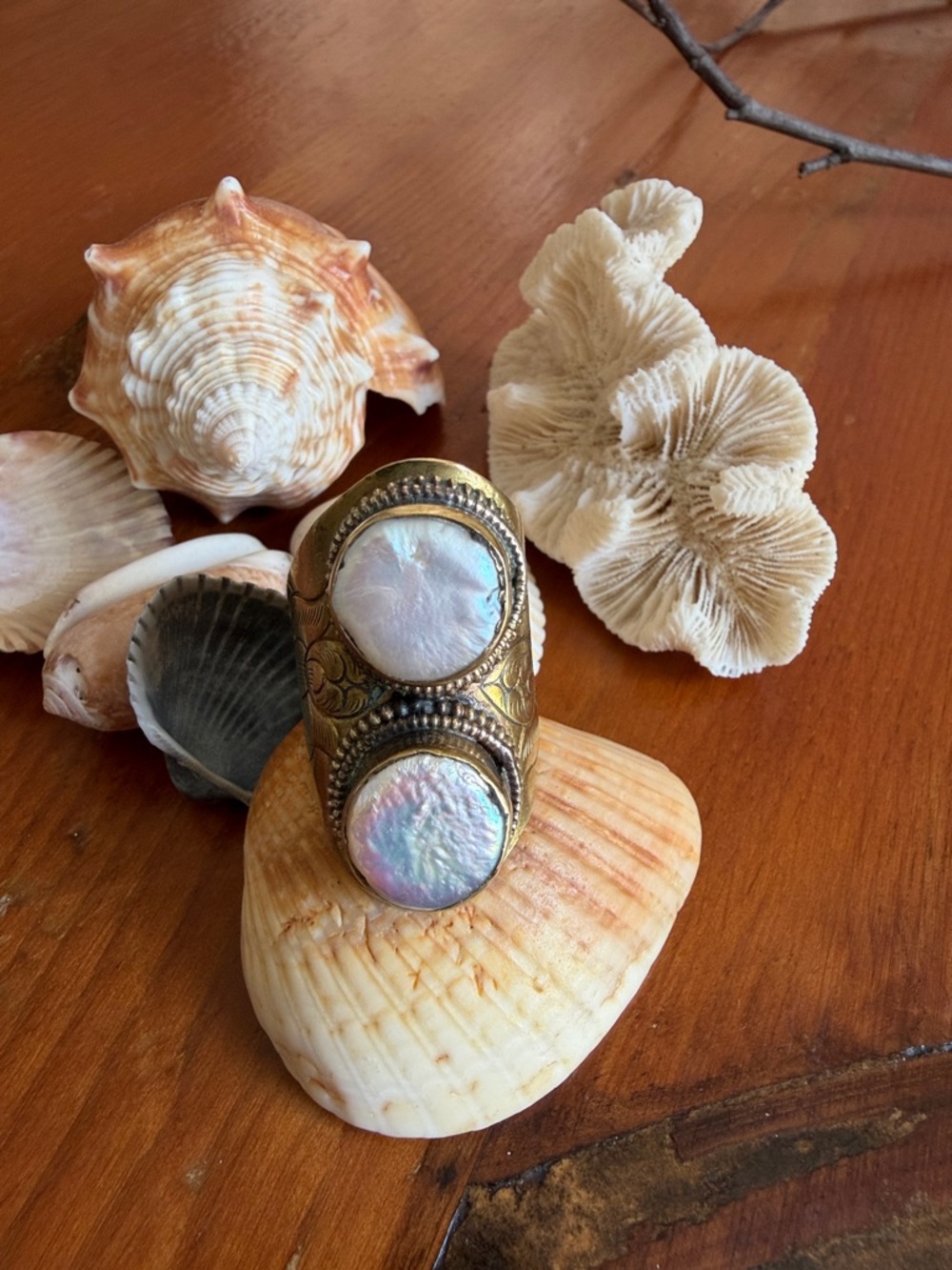 Brass Double Pearl Shell Statement Ring - Ivory